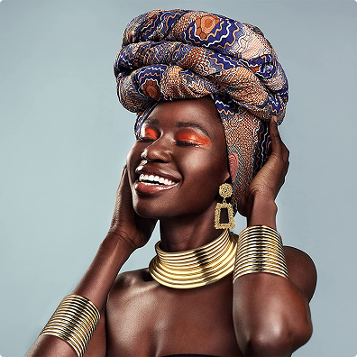 African woman with traditional headwrap and jewelry